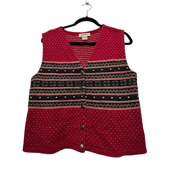 Vtg Eddie Bauer Women Nordic Vest MED Wool Red Academia Preppy Fair Isle Grandma - Picture 1 of 11